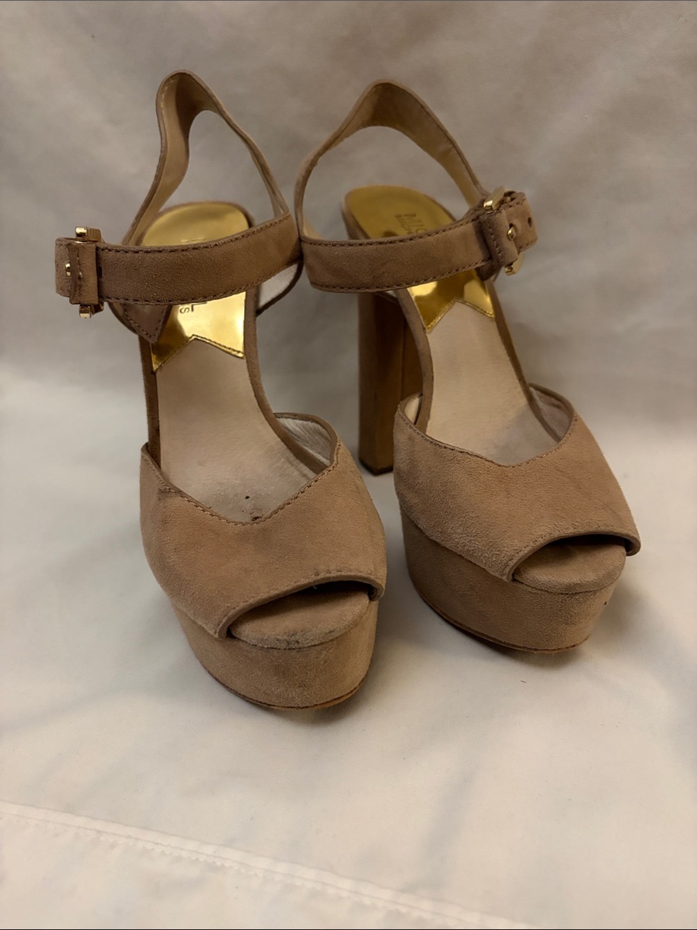 Michael Kors Taupe Suede Platform Peep-Toe Sandals with Ankle Strap